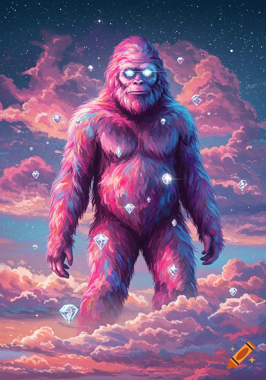 A vibrant, multicolored Bigfoot with glowing eyes stands in pink and purple clouds under a starry sky, with diamonds floating around it.