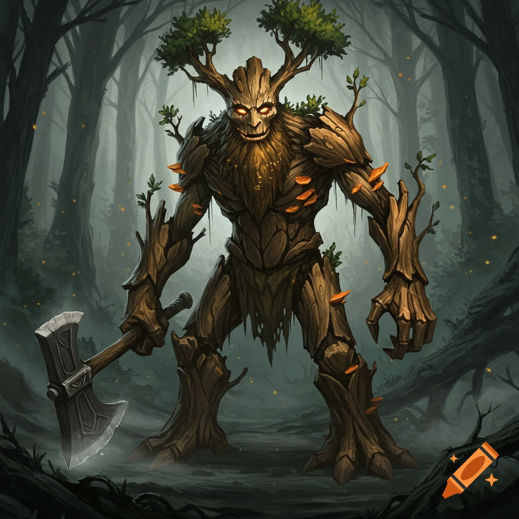 A formidable tree monster with glowing orange eyes and a wide smile holds a greataxe in a dark, misty forest.
