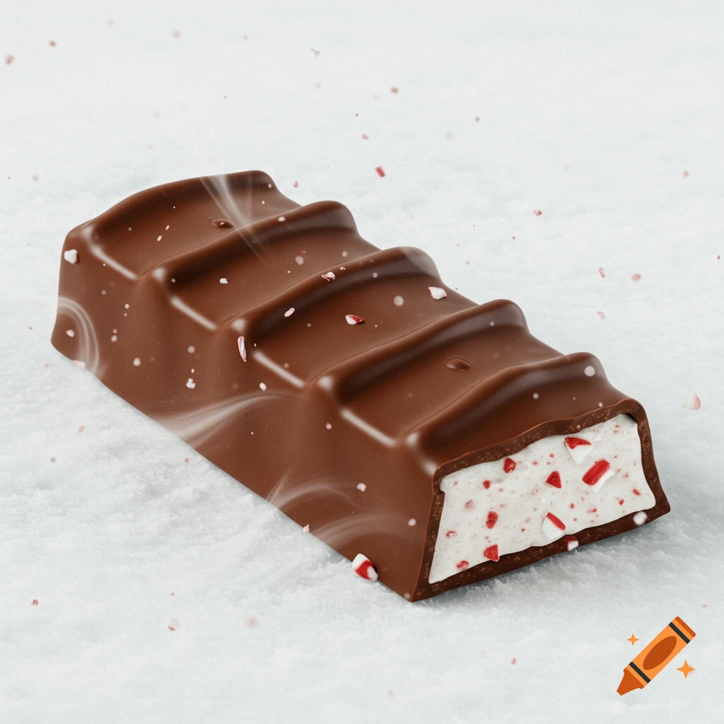 Photorealistic image of a chocolate bar with white peppermint filling, sprinkled with red and white flakes, on a white surface.