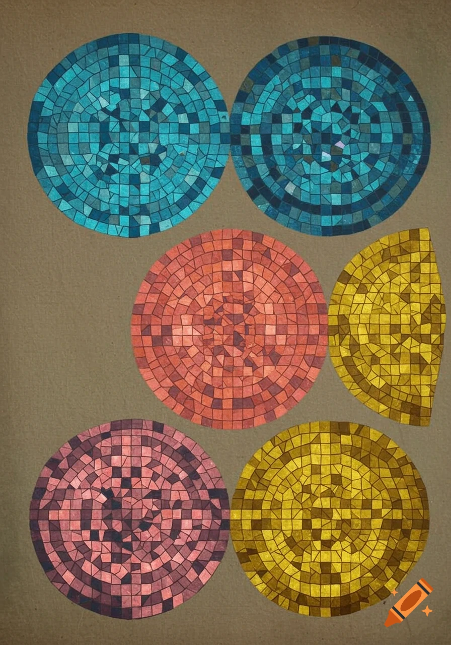 A series of colorful mosaic circles and a partial circle on a brown background.