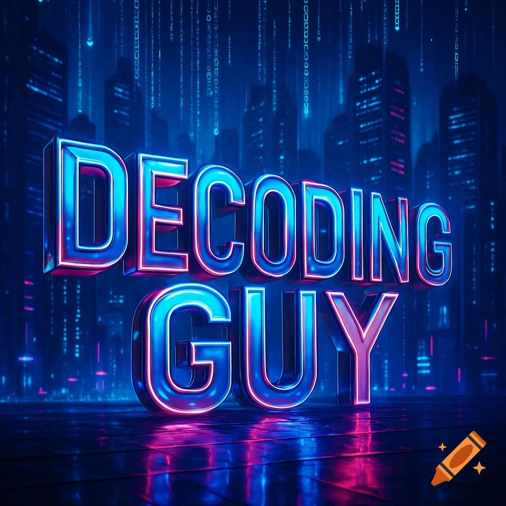 Neon blue and pink glowing 3D text 'DECODING GUY' stands on a reflective surface against a futuristic cityscape with falling digital code.