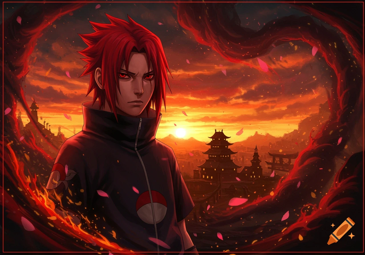 An anime character with red hair and red eyes in a dark jacket stands before a fiery sunset over a Japanese city.