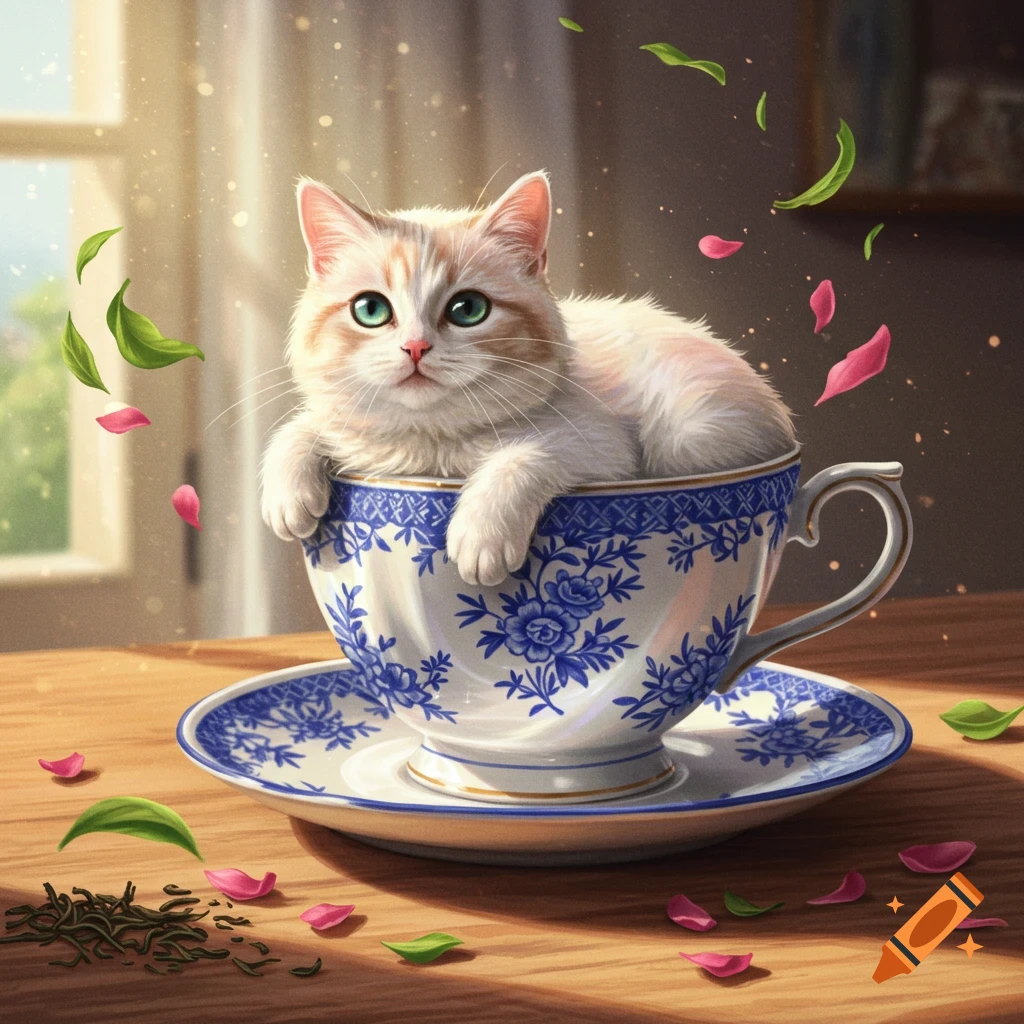 A fluffy cat with green eyes sits in a blue and white teacup on a wooden table, surrounded by floating tea leaves and pink petals.