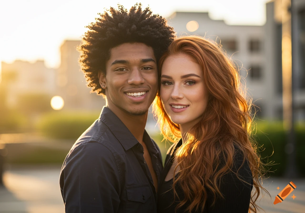 A photorealistic portrait of a smiling young Black man with curly hair and a young woman with long auburn hair.