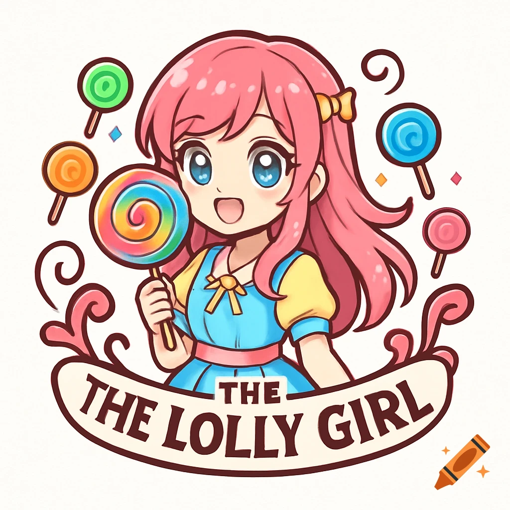 A colorful anime-style logo featuring a smiling girl with pink hair holding a large rainbow lollipop, surrounded by smaller lollipops, with the text "THE LOLLY GIRL" on a banner below.