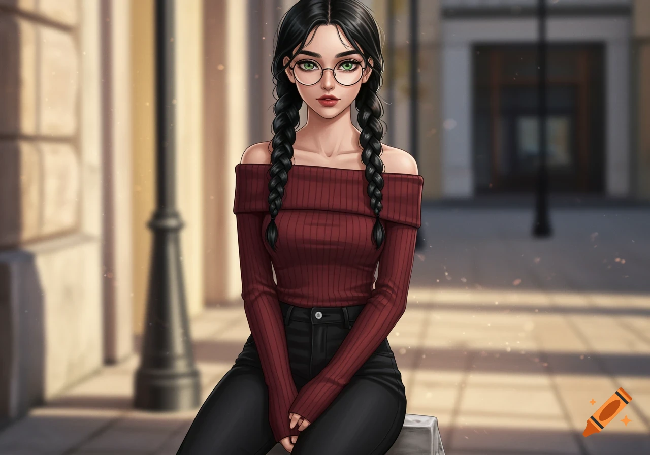 A young woman with black braided hair, green eyes, and round glasses wears a burgundy off-the-shoulder sweater and black jeans, sitting outdoors.