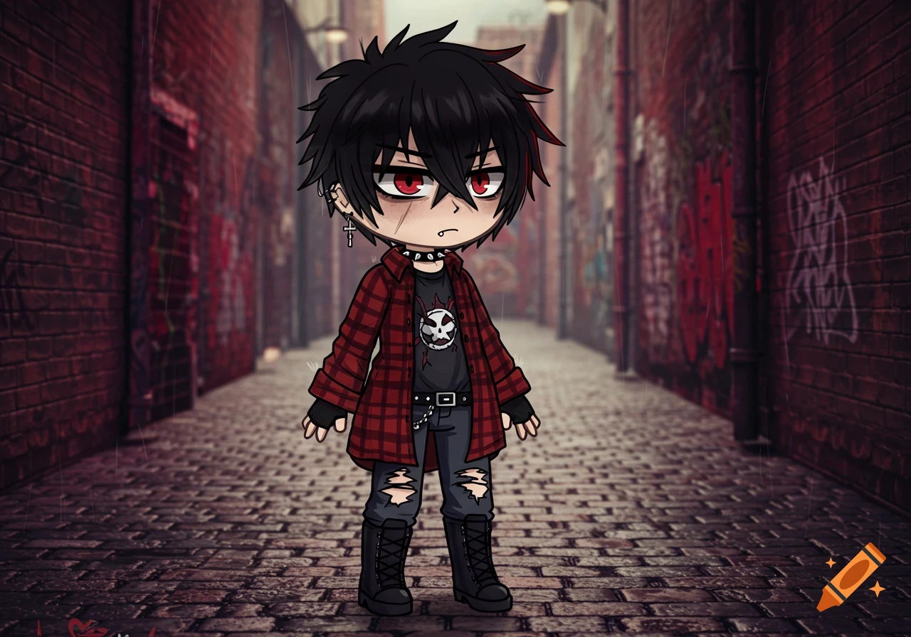 A Gacha-style character with black spiky hair, red eyes, and grunge clothing standing in a dark, graffiti-covered brick alleyway.