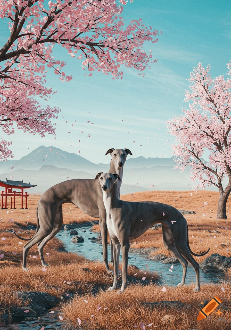 Two greyhounds stand by a river in a Japanese landscape with pink cherry blossom trees, mountains, and a red torii gate.