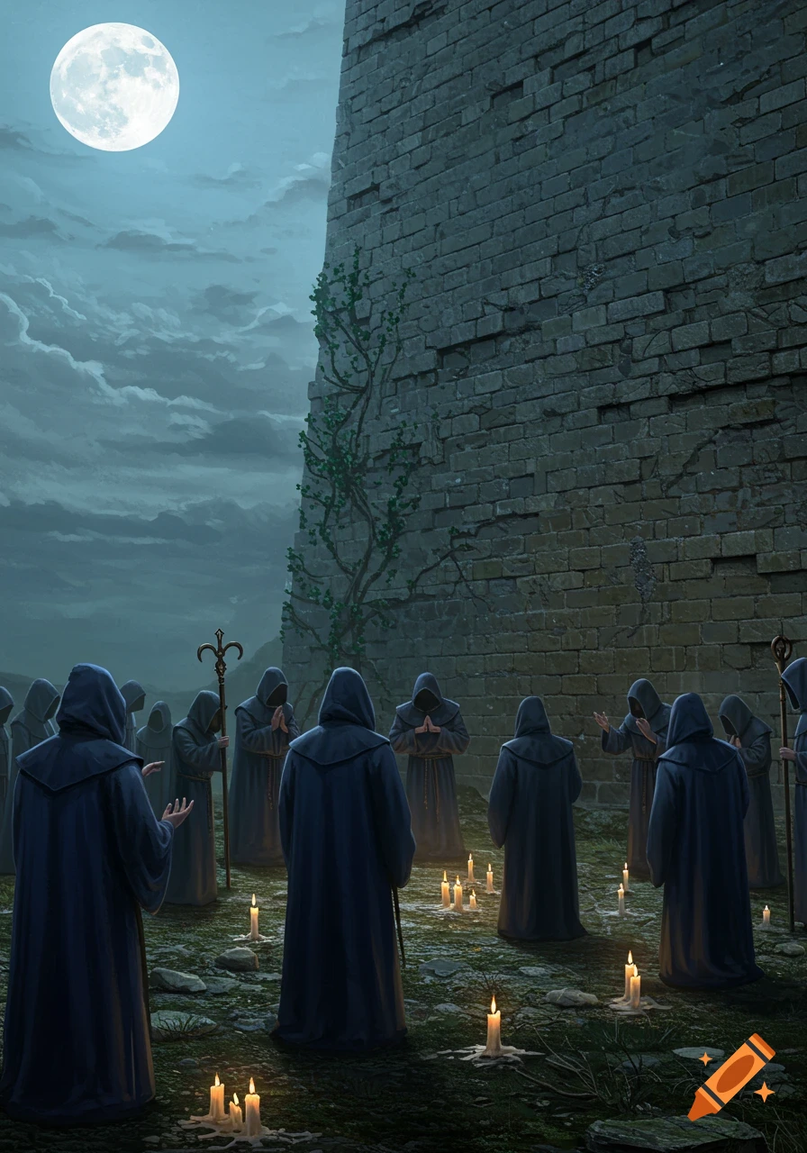Hooded cult members gather with candles before a towering brick wall under a full moon at night, digital painting.