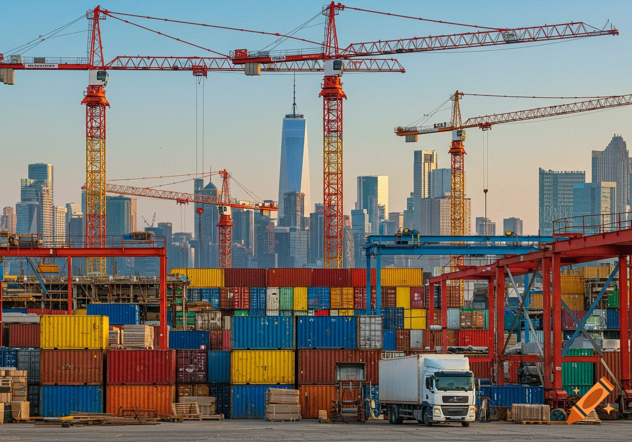 A busy urban construction site with red and yellow cranes, colorful shipping containers, and a white truck, set against a city skyline.