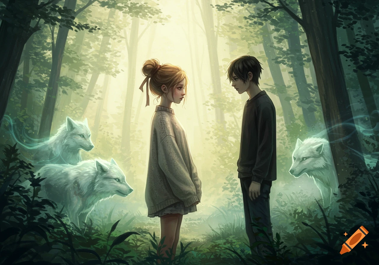 A dreamy anime-style illustration of a girl and boy standing in a mystical forest with glowing ghost wolves.