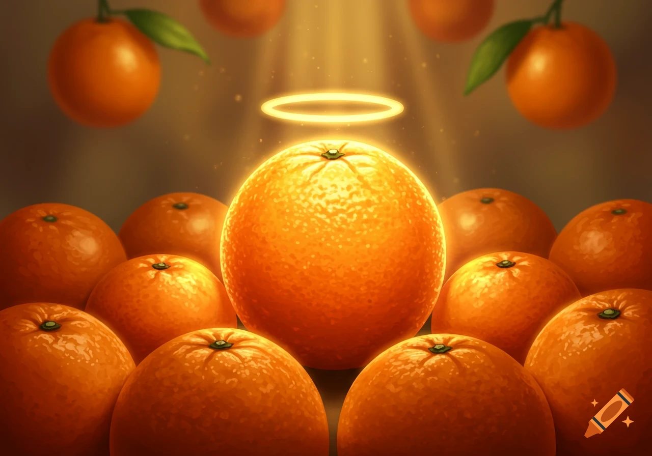 A luminous central orange with a halo, surrounded by other oranges under warm, divine light.