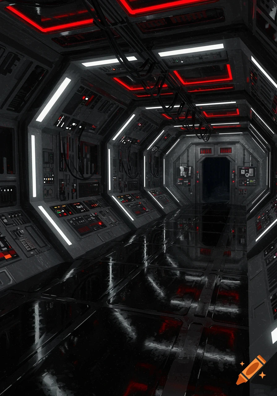 A futuristic octagonal spaceship corridor with dark grey walls, bright white and red neon lights, and a highly reflective black floor.