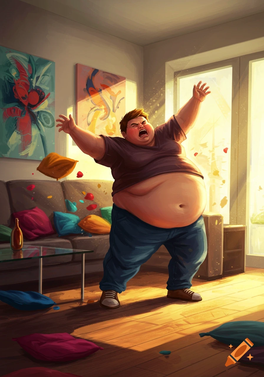 An overweight man throws a tantrum indoors, with pillows and debris scattering around him.