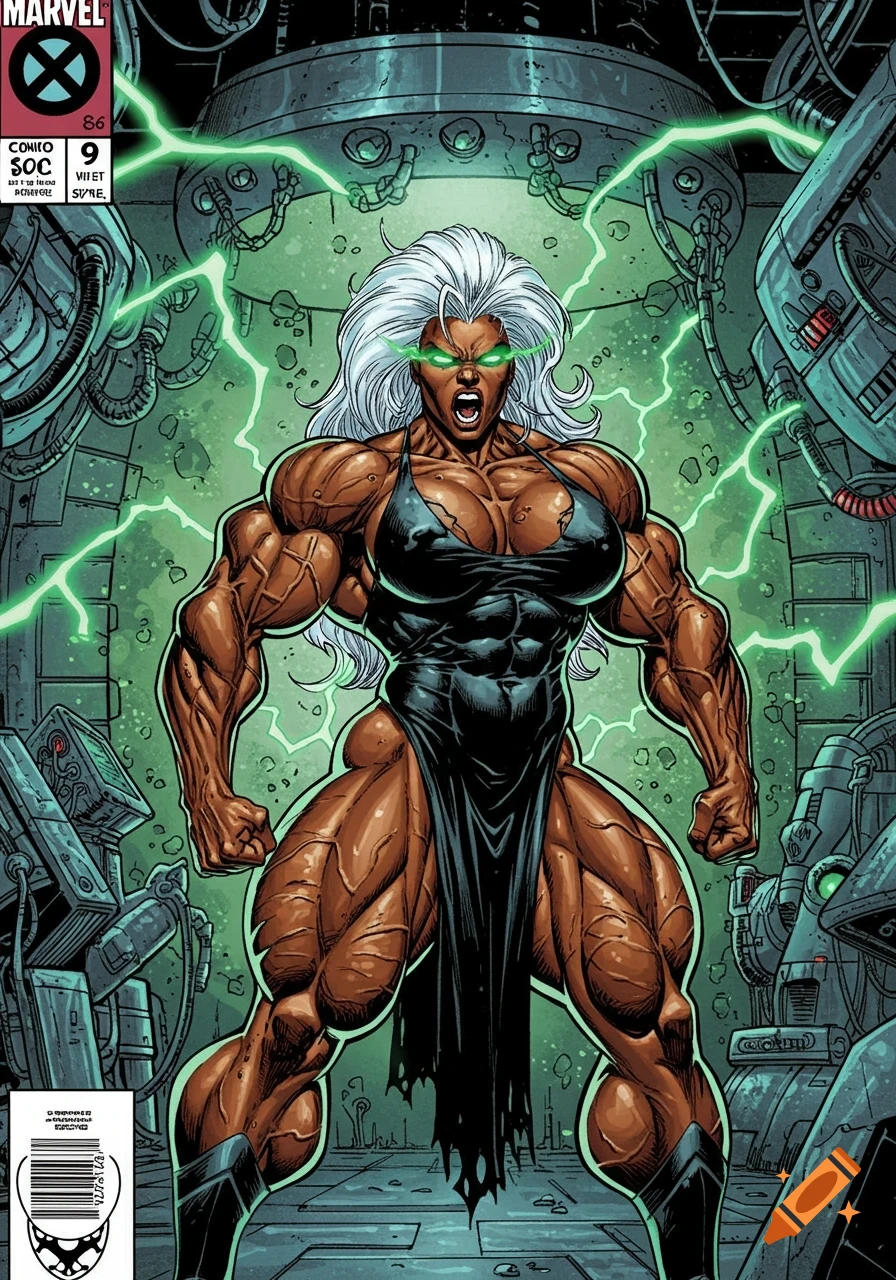 Comic book cover of a muscular Storm with glowing green eyes, surrounded by green electricity in a futuristic chamber.