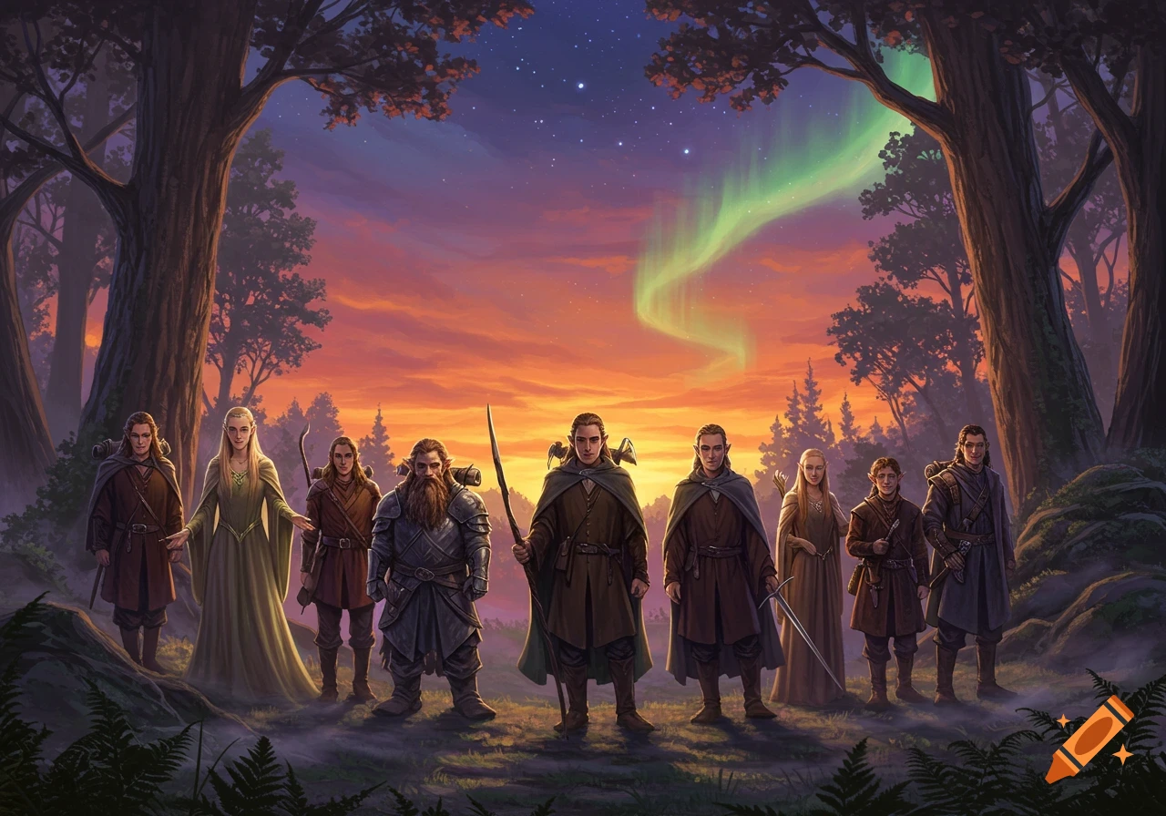 A group of fantasy characters, including elves, dwarves, and men, stand in a mystical forest at sunset under an aurora-filled sky.