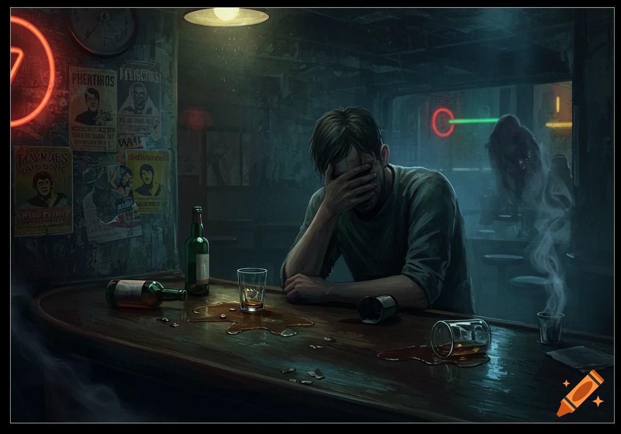 A distressed man with his face in his hands sits at a messy bar counter with spilled drinks, a ghostly figure in the background.