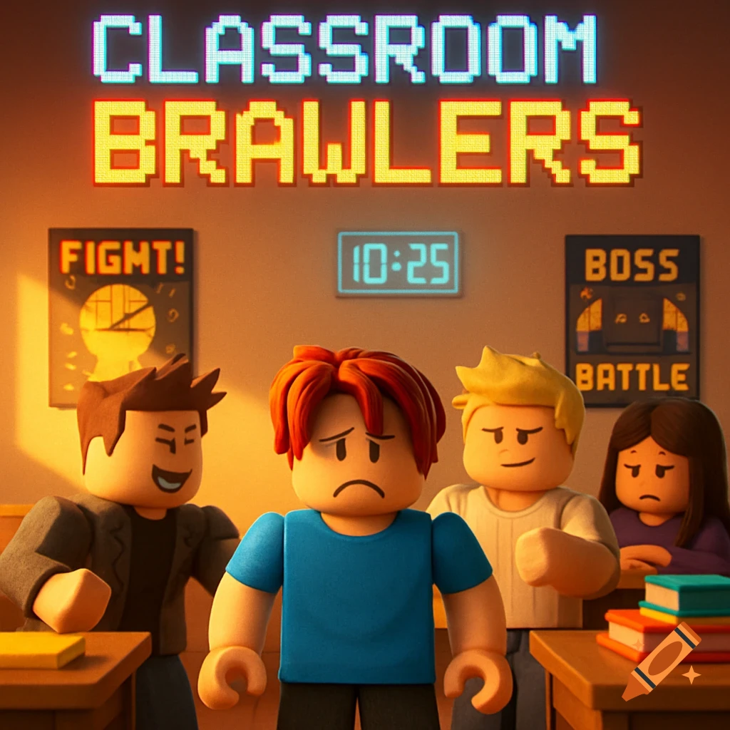 Roblox-style characters in a classroom with a large glowing sign saying 'CLASSROOM BRAWLERS'.