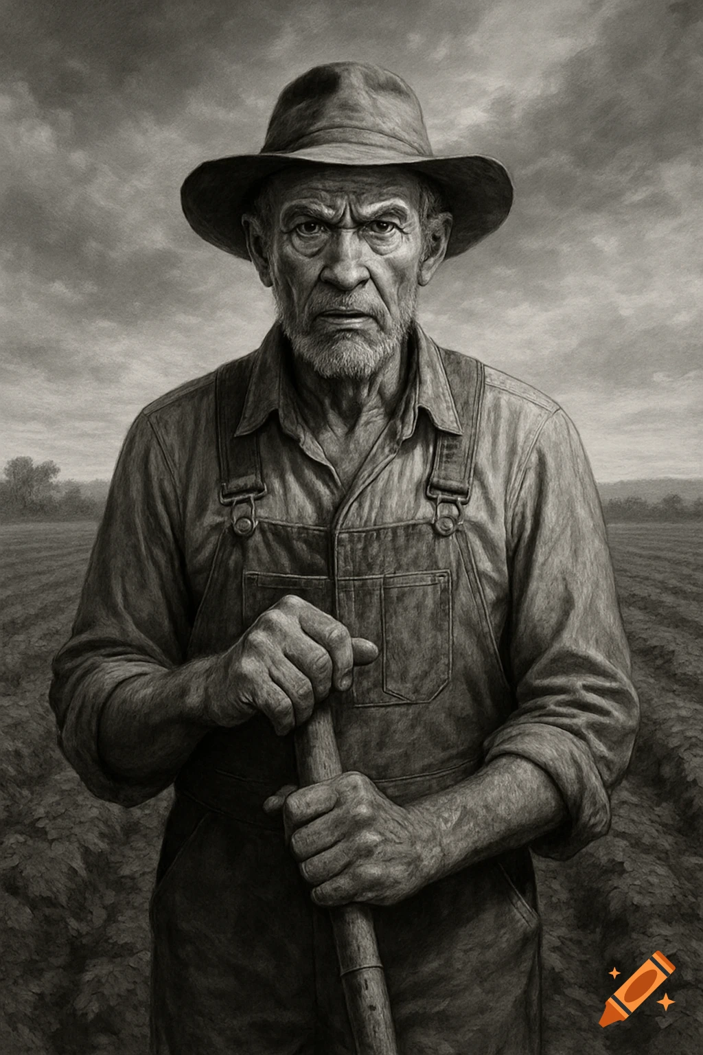 A stern-faced old farmer in a hat and overalls stands in a field, holding a tool, depicted in a black and white drawing style.