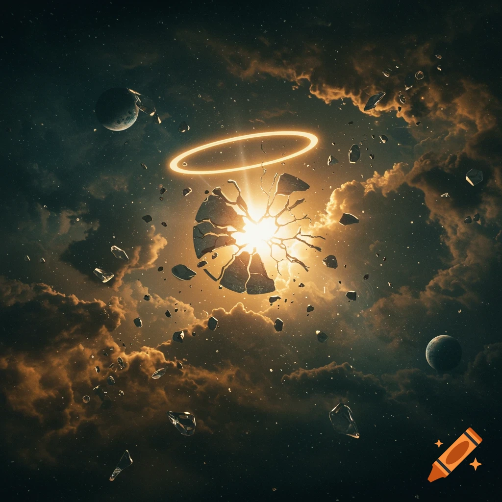 A glowing, shattered celestial body with a golden halo amidst cosmic clouds and debris in deep space, with distant planets.