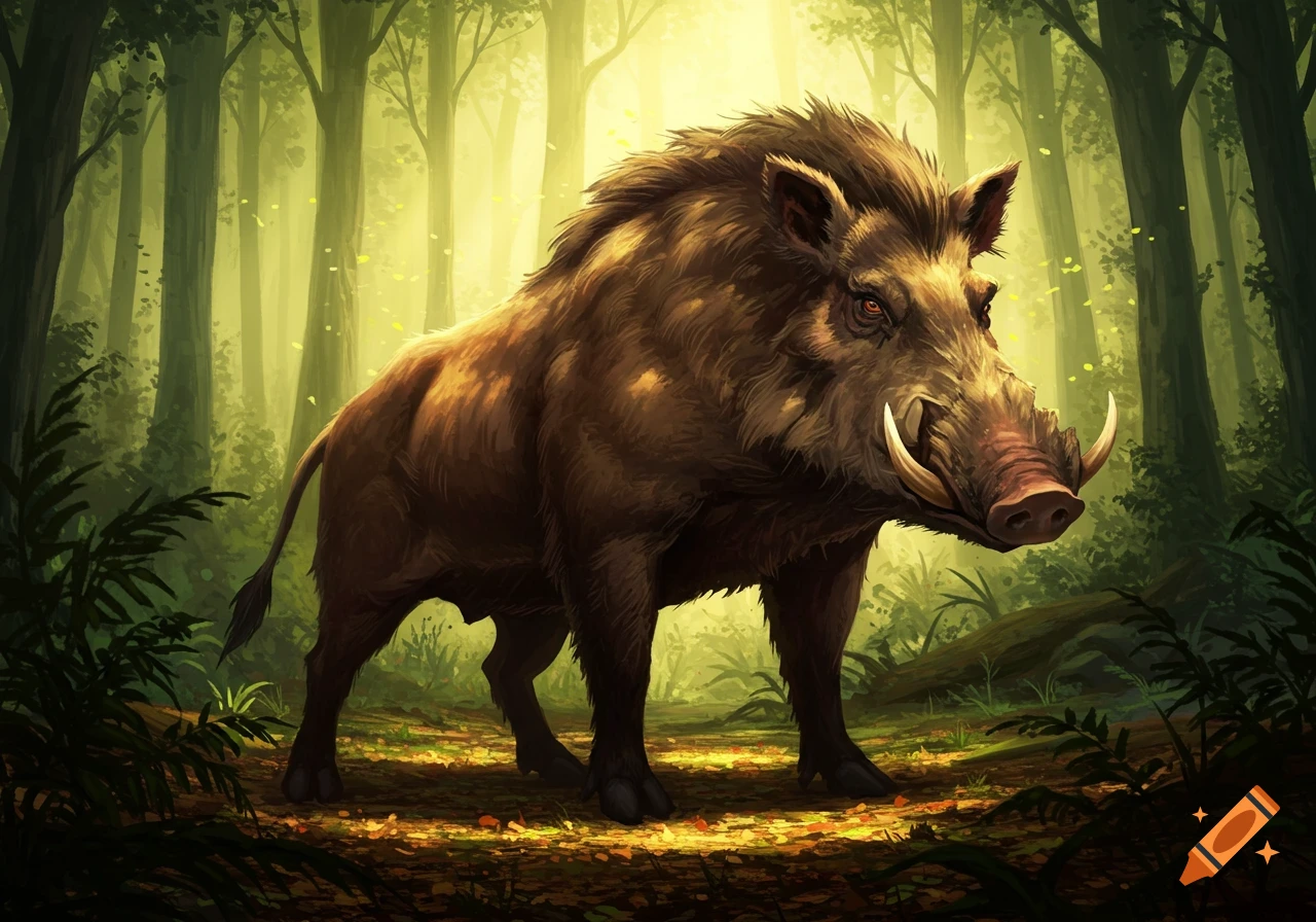 A large, brown wild boar with prominent tusks stands in a lush, sunlit forest.