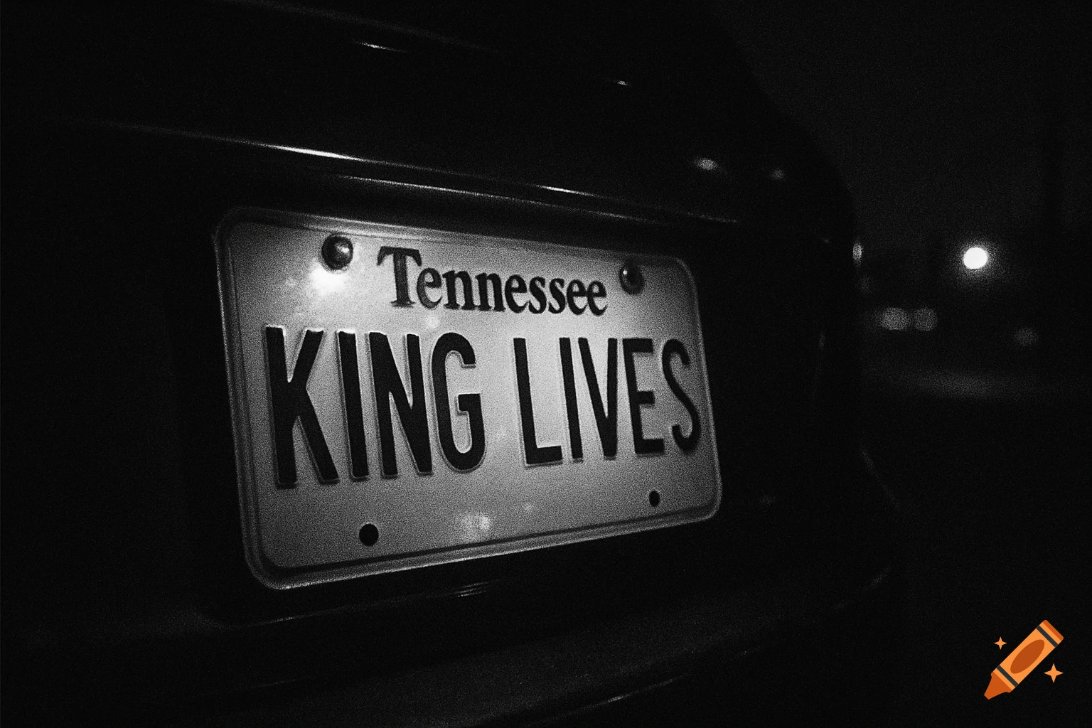 Black and white close-up of a Tennessee license plate on a car at night, reading KING LIVES.