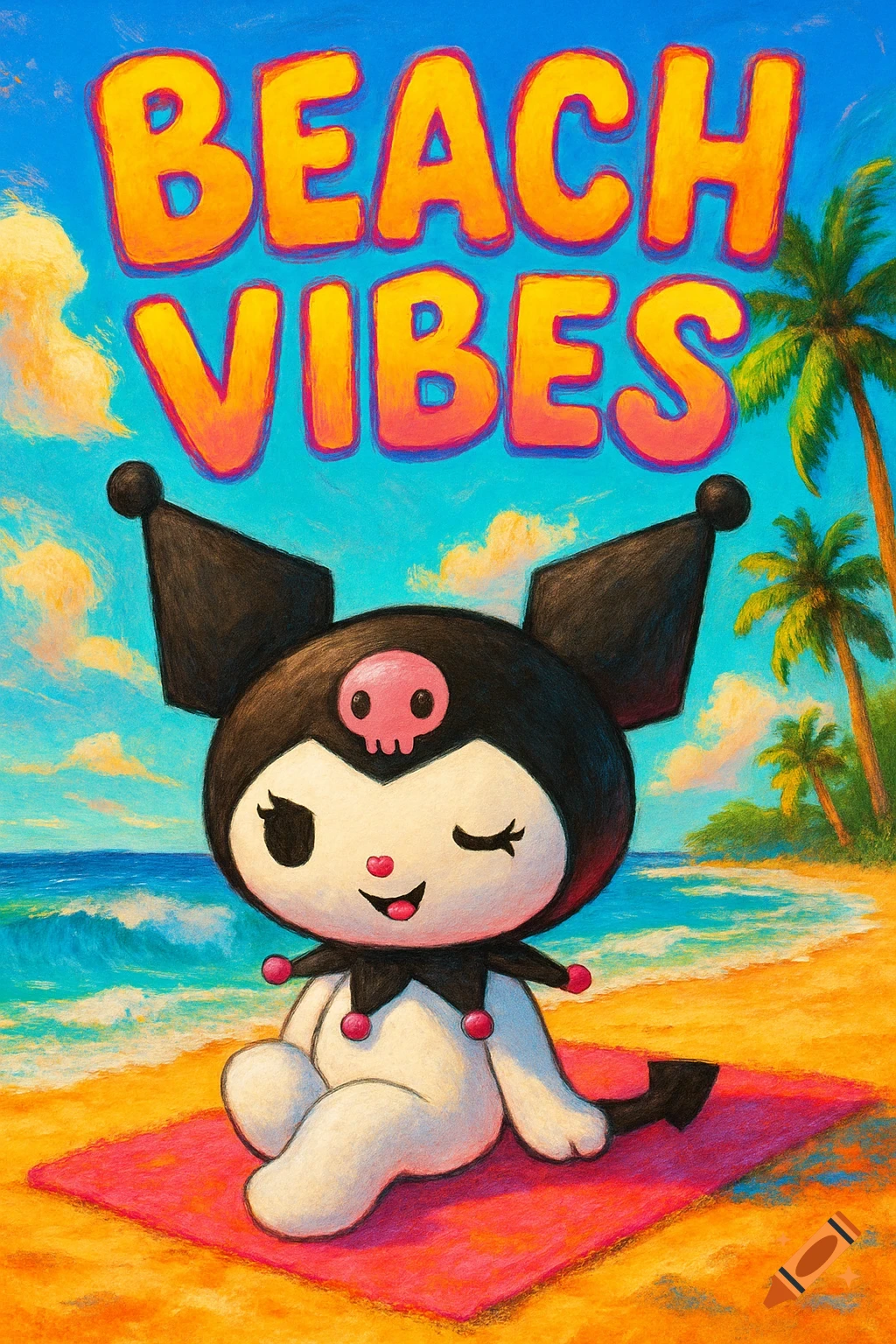 Colorful illustration of Kuromi sitting on a pink towel at a sunny beach with palm trees and the ocean, with 'BEACH VIBES' text.