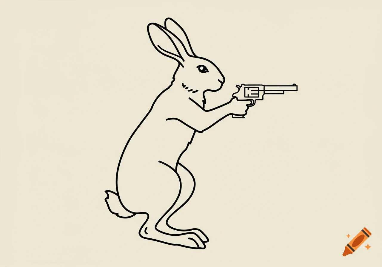 Outline illustration of a rabbit holding a handgun.