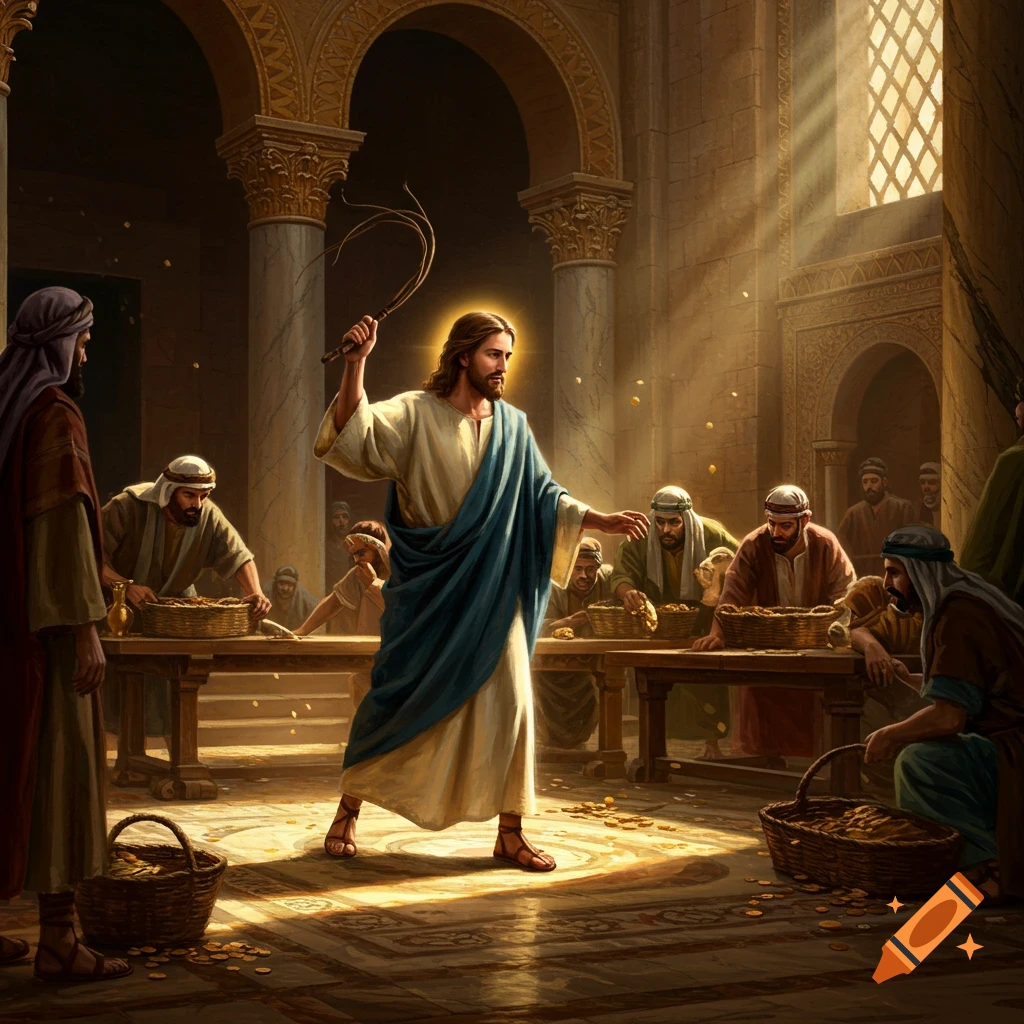 Jesus Christ, holding a whip, stands in a temple with coins scattered on the floor, surrounded by men at tables.
