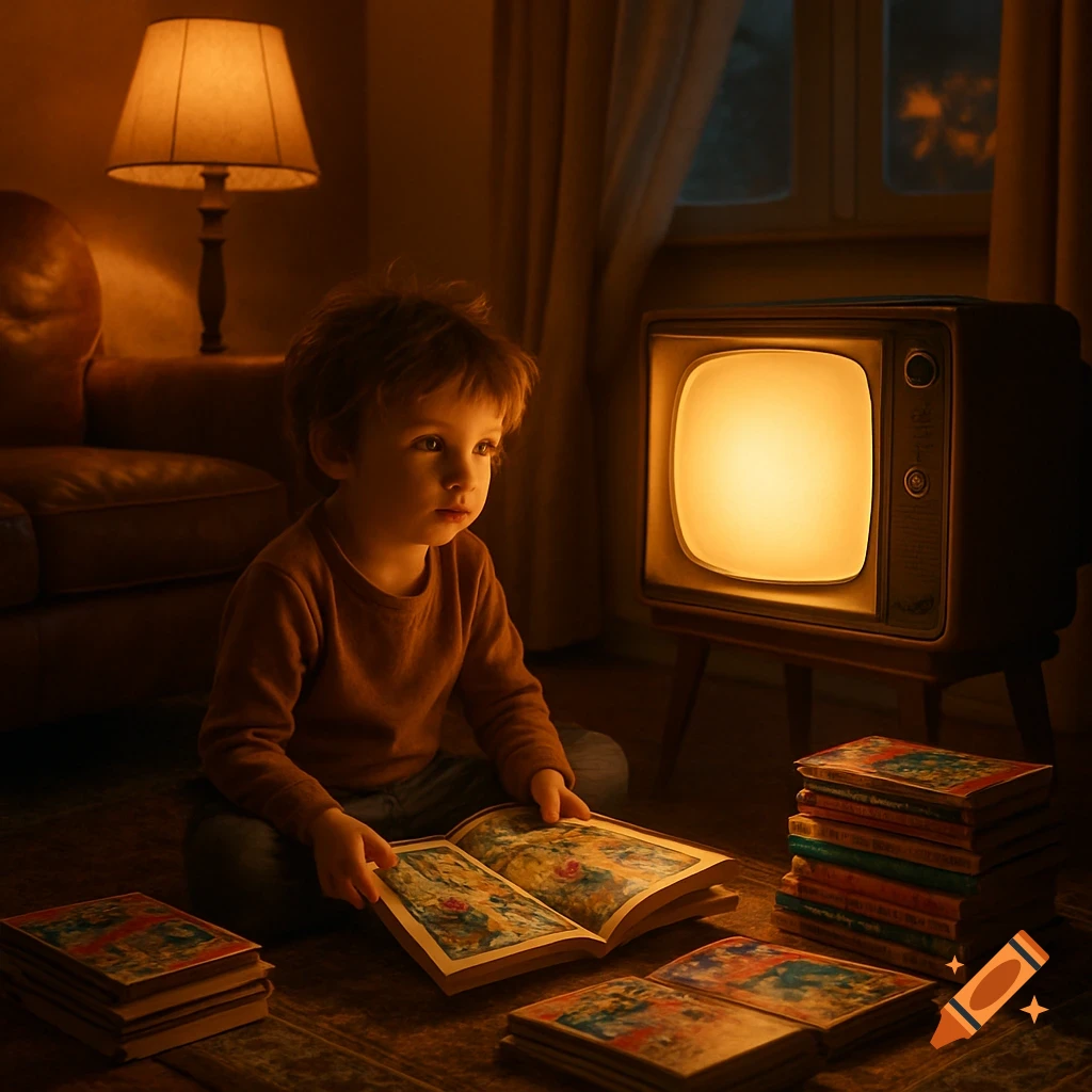 A young child sits on the floor in a dimly lit room, holding an open picture book, with other books stacked around and a glowing vintage television nearby.