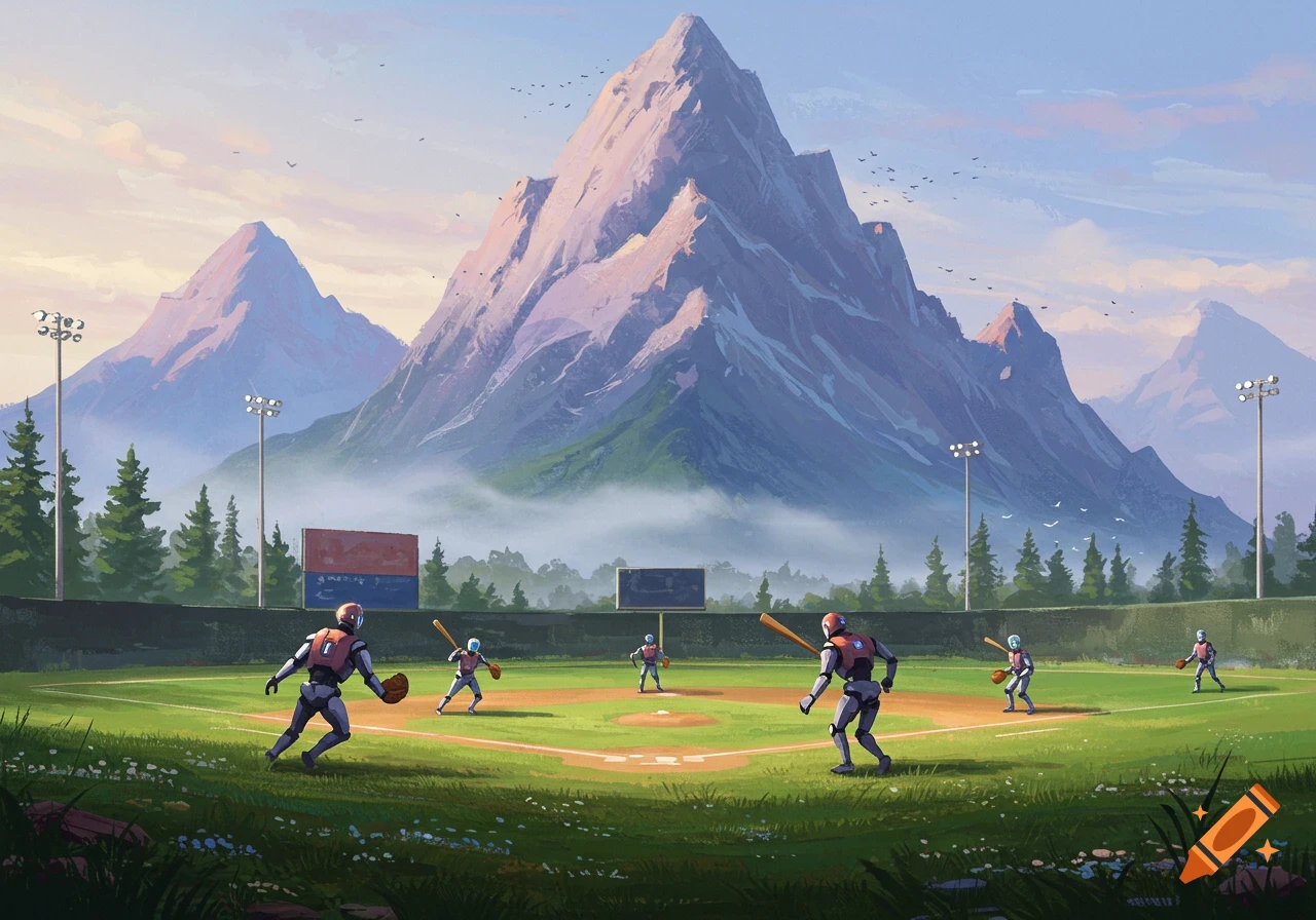 Impressionistic painting of robots playing baseball on a field in a mountain valley at sunset.