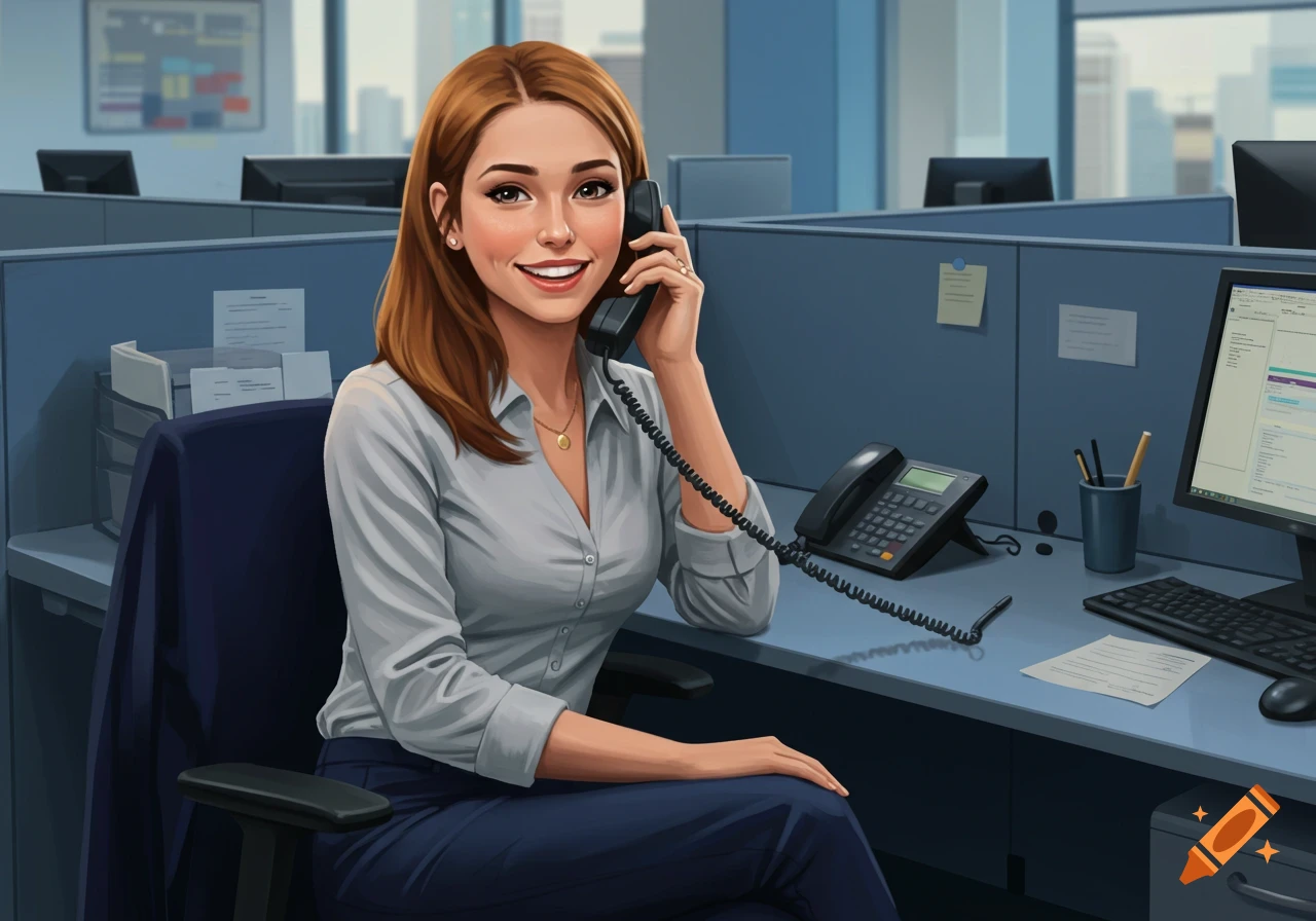 An illustrated woman with brown hair sits at a desk in an office cubicle, smiling while holding a telephone receiver to her ear.