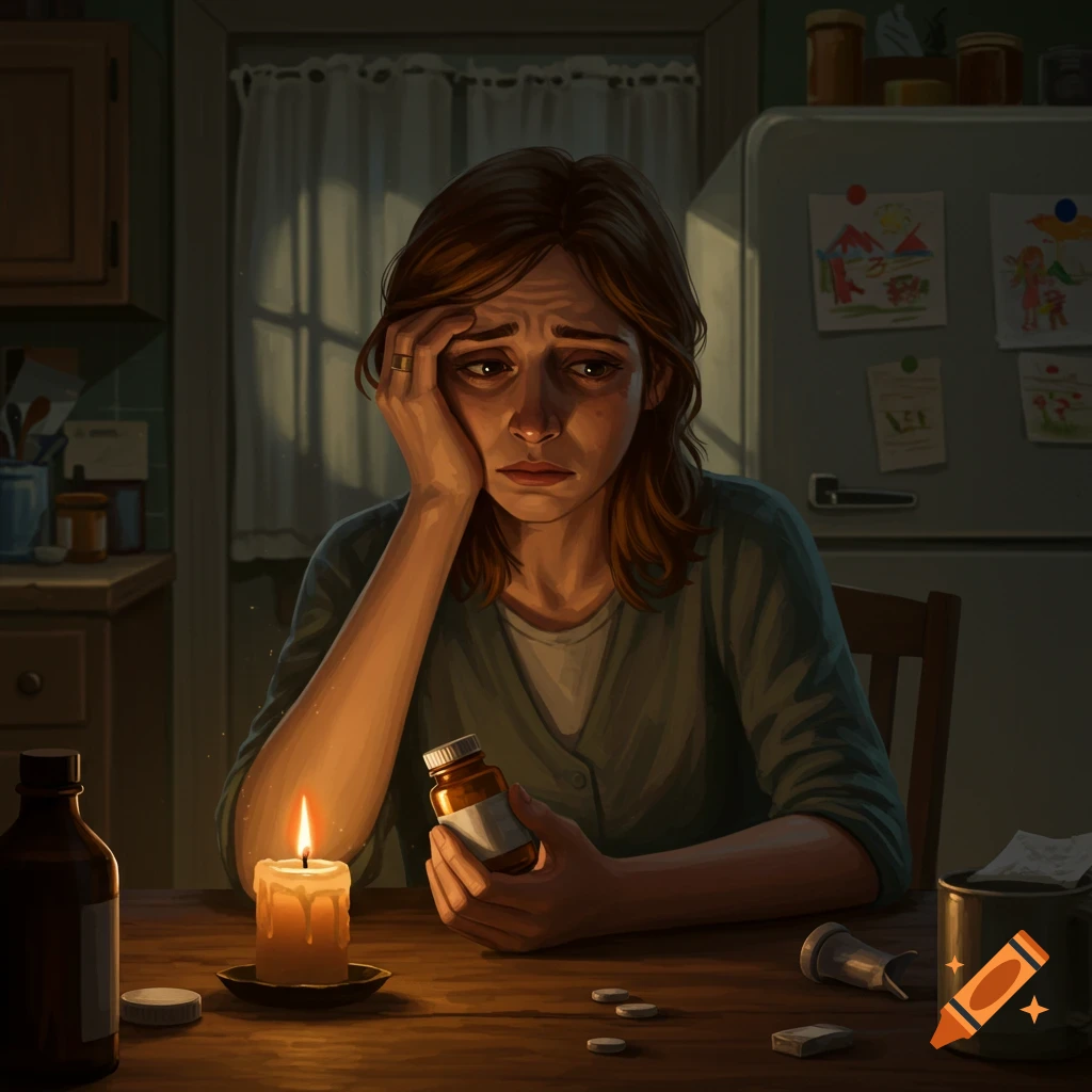 A distressed woman sits at a table in a dimly lit kitchen, holding a medicine bottle, with a lit candle casting light on her face.