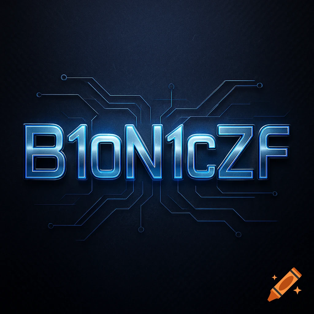 Shiny blue metallic text 'B1oN1cZF' on a dark, circuit board background with glowing lines.