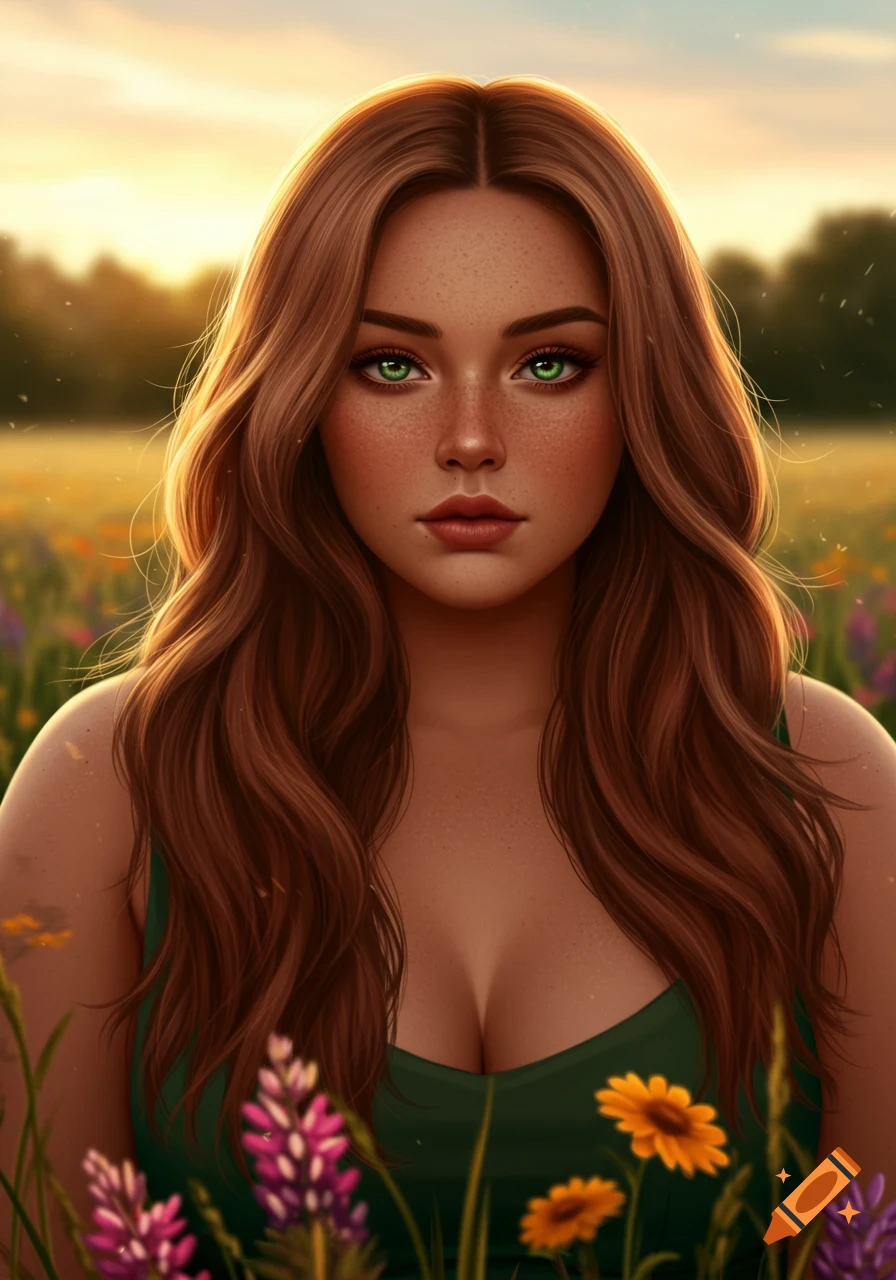 A portrait of a woman with long brown hair, green eyes, and freckles standing in a field of wildflowers at sunset.