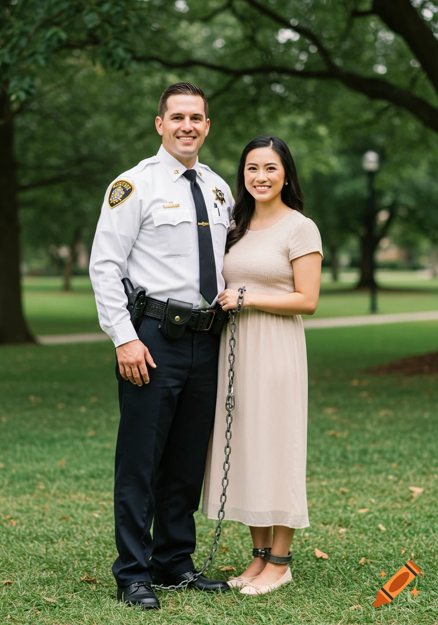 A smiling police officer and woman in a dress pose in a park. The woman wears ankle shackles connected by a chain to the man's ankle.
