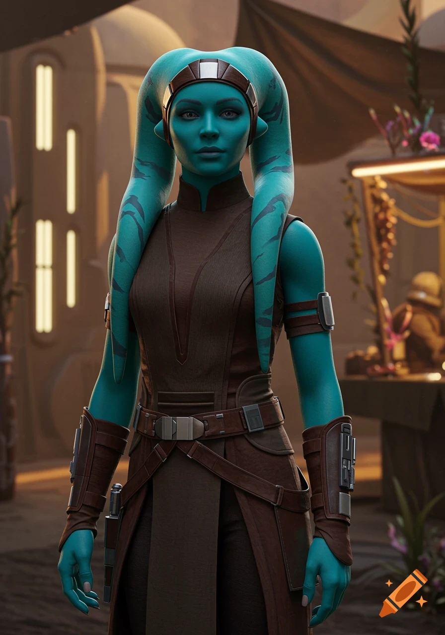 A photorealistic image of a teal-skinned Twi'lek woman wearing a brown armored outfit, standing in an outdoor market.
