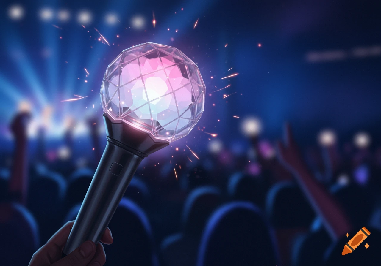 A hand holds a glowing K-pop light stick with a faceted globe top at a dark concert, with blurred audience and stage lights in the background.