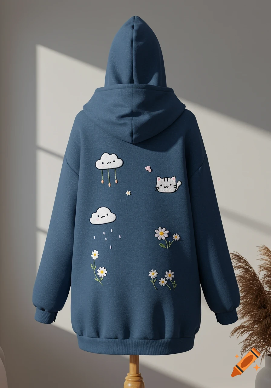 A blue hoodie with cute embroidered designs on the back, featuring clouds, a cat, and daisies, displayed on a wooden mannequin.