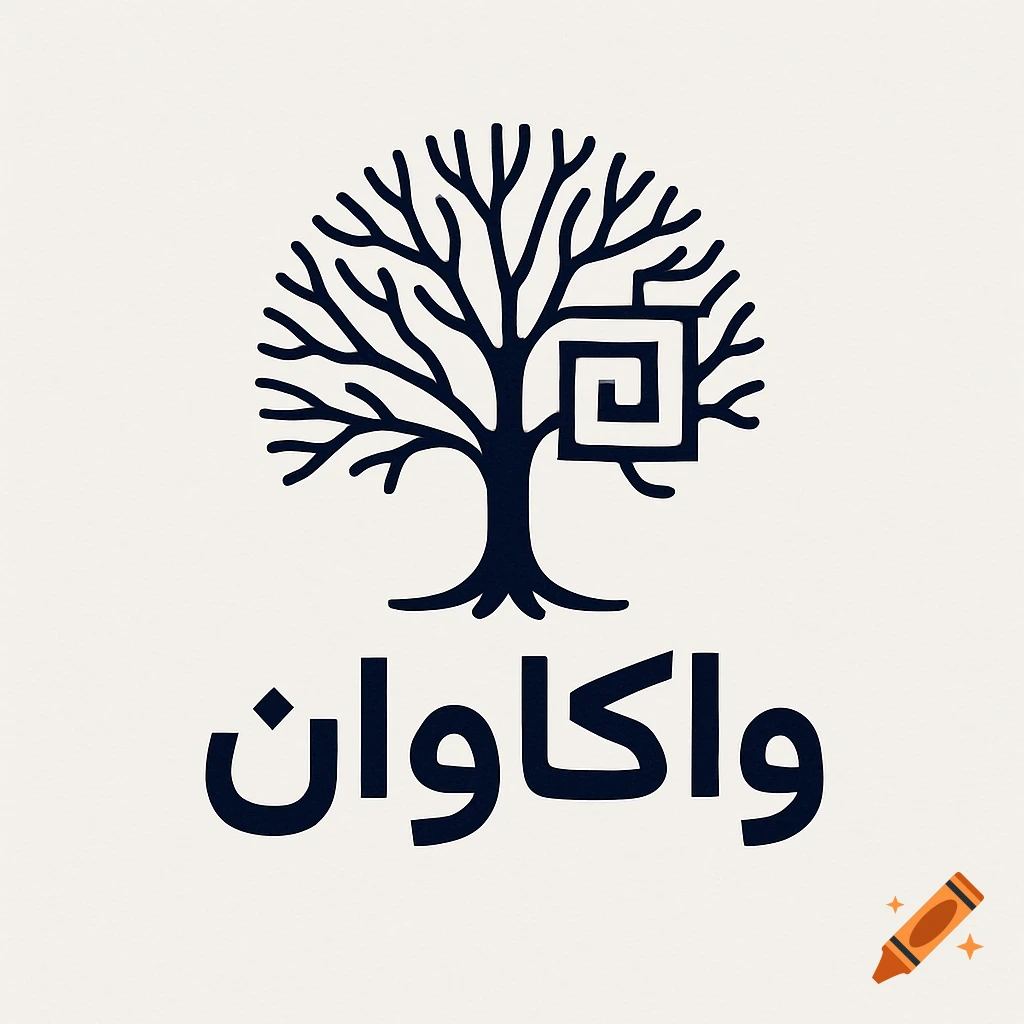 A minimalist dark blue logo featuring a tree with abstract branches and a geometric spiral, above the Persian word 'واکاوان'.