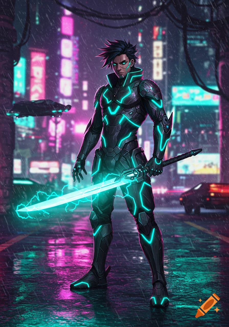 A male anime character in glowing black futuristic armor stands in a rainy neon cyberpunk city, holding a glowing blue sword.