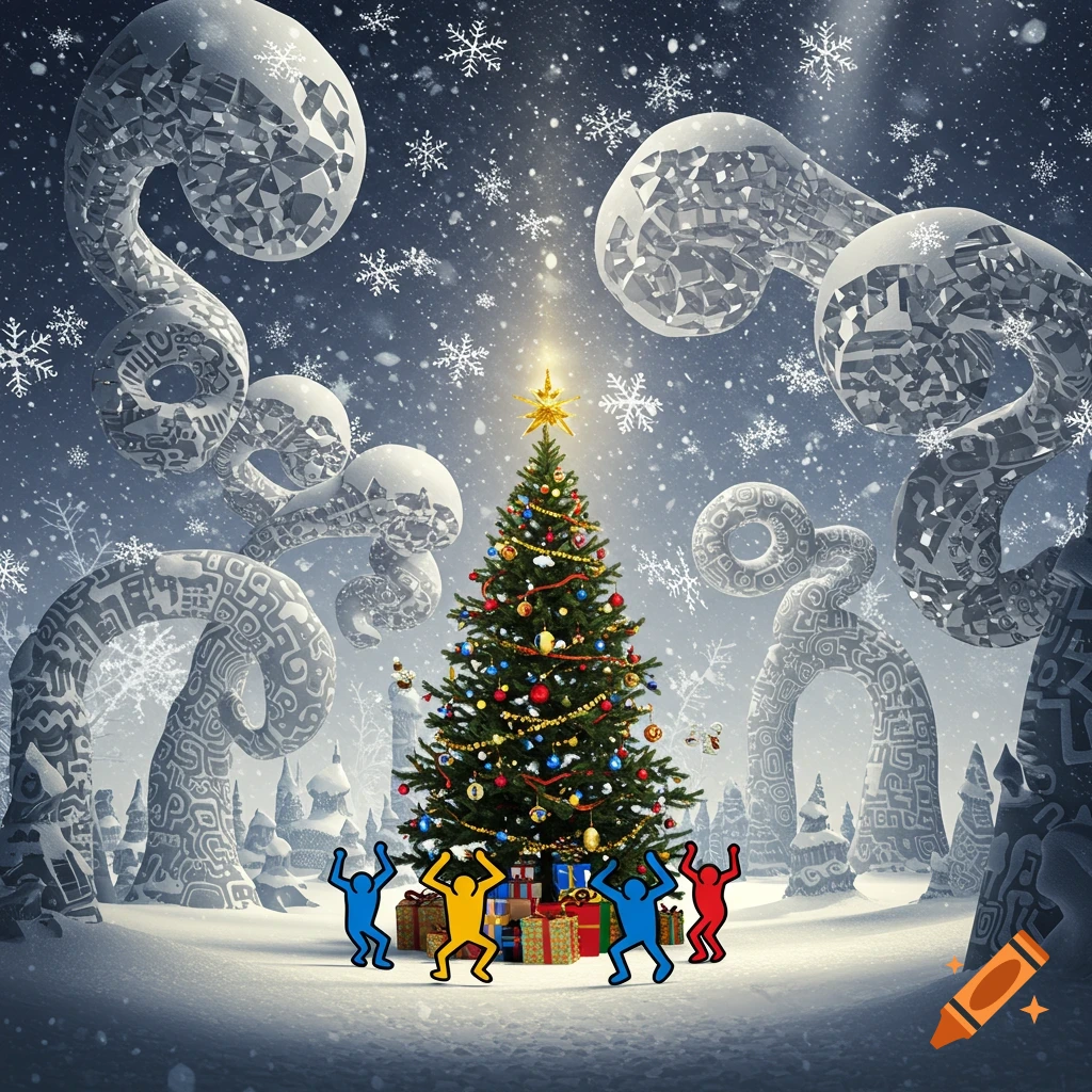 A festive, abstract winter scene with a decorated Christmas tree, stylized colorful figures, and large, Escher-like snowy structures.