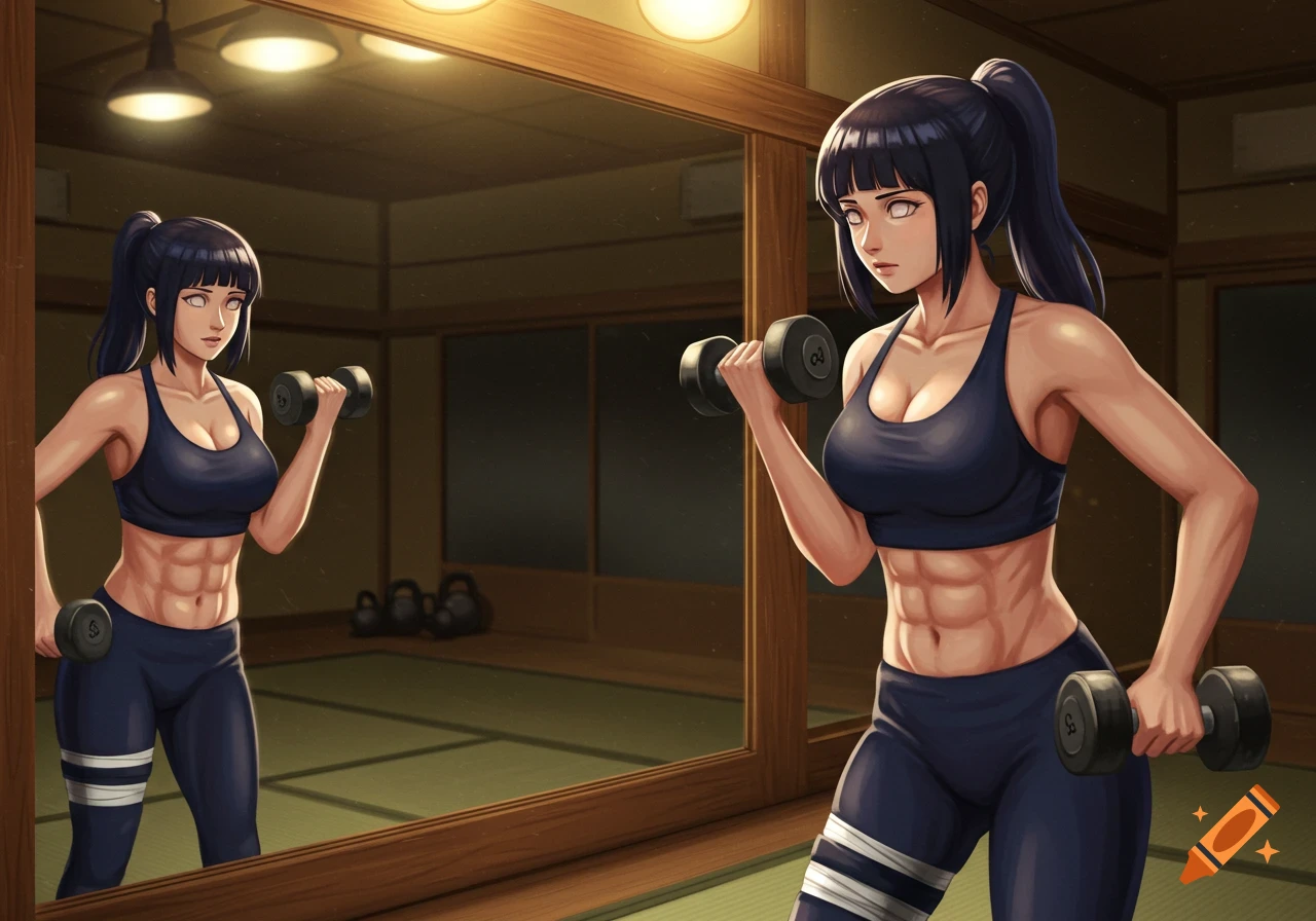 Anime art of Hinata from Naruto lifting weights in a gym, looking at her reflection in a mirror.