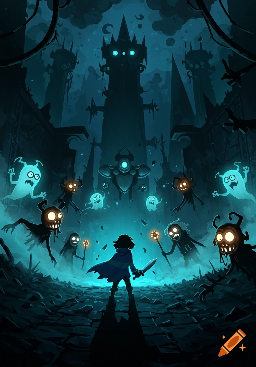 A small, cloaked figure with a sword faces glowing-eyed monsters and blue ghosts in a dark, ruined city, horror game style.