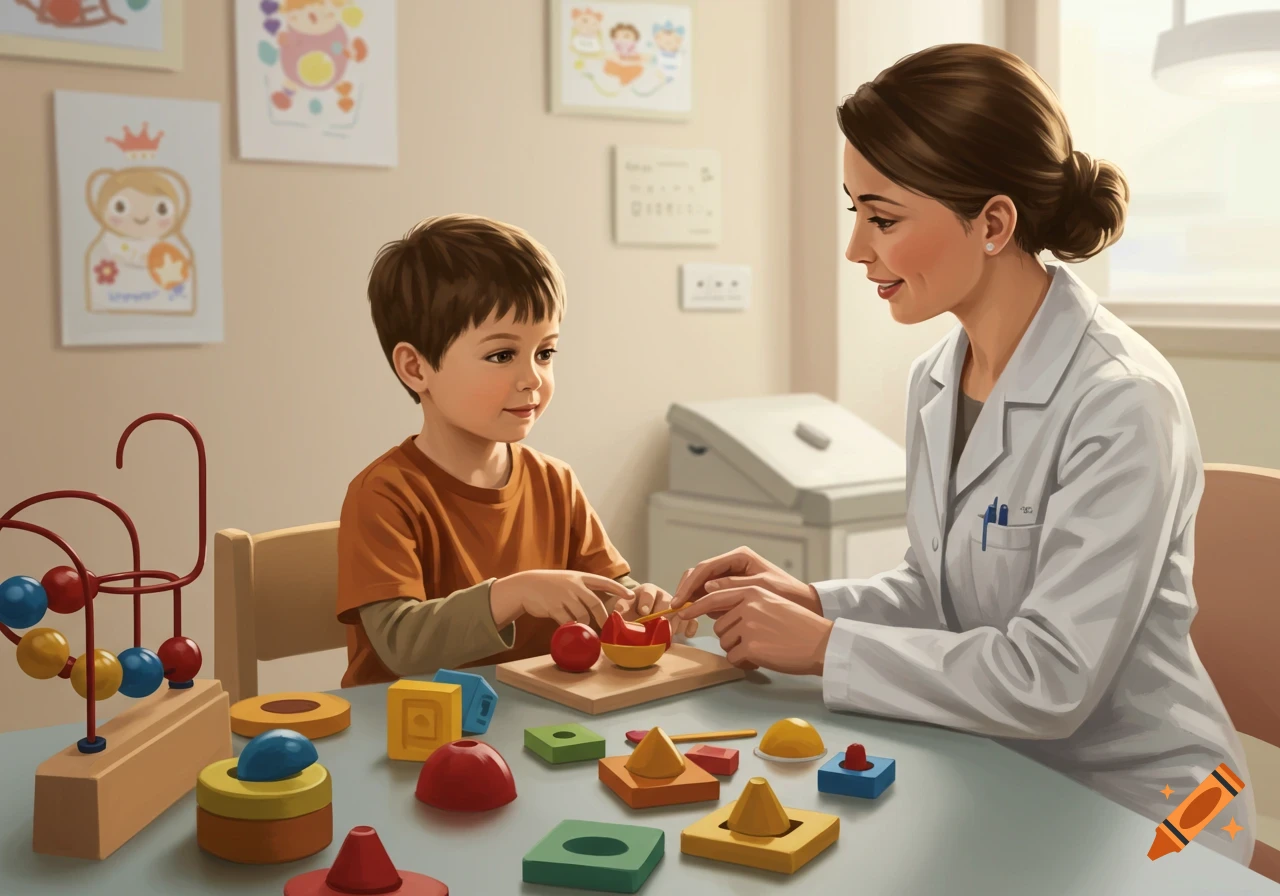 A young boy sits at a table with a female healthcare professional, playing with colorful developmental toys in a bright room.