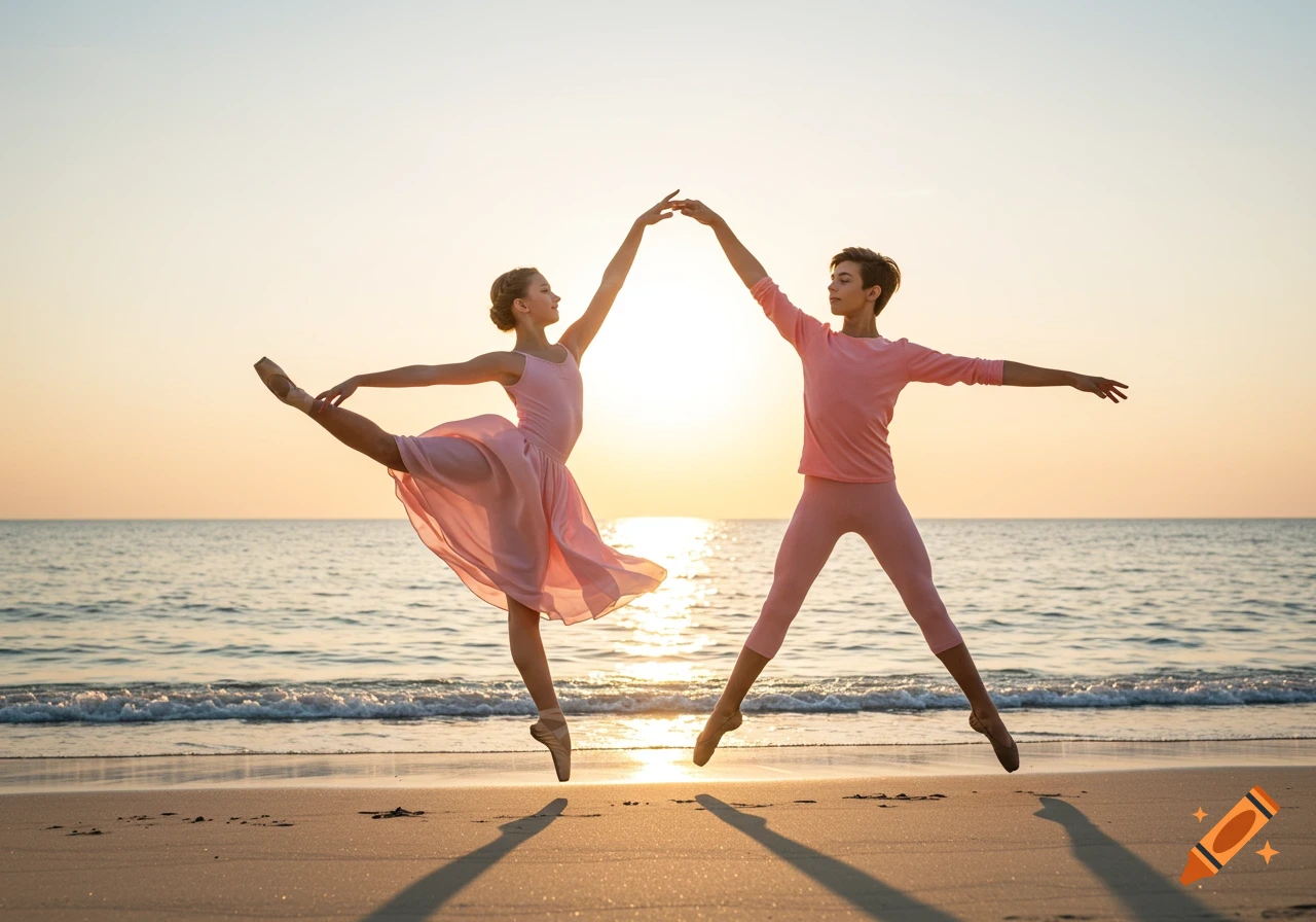 Two teenage ballet dancers, a boy and a girl, pose on a beach at sunset in pink outfits.