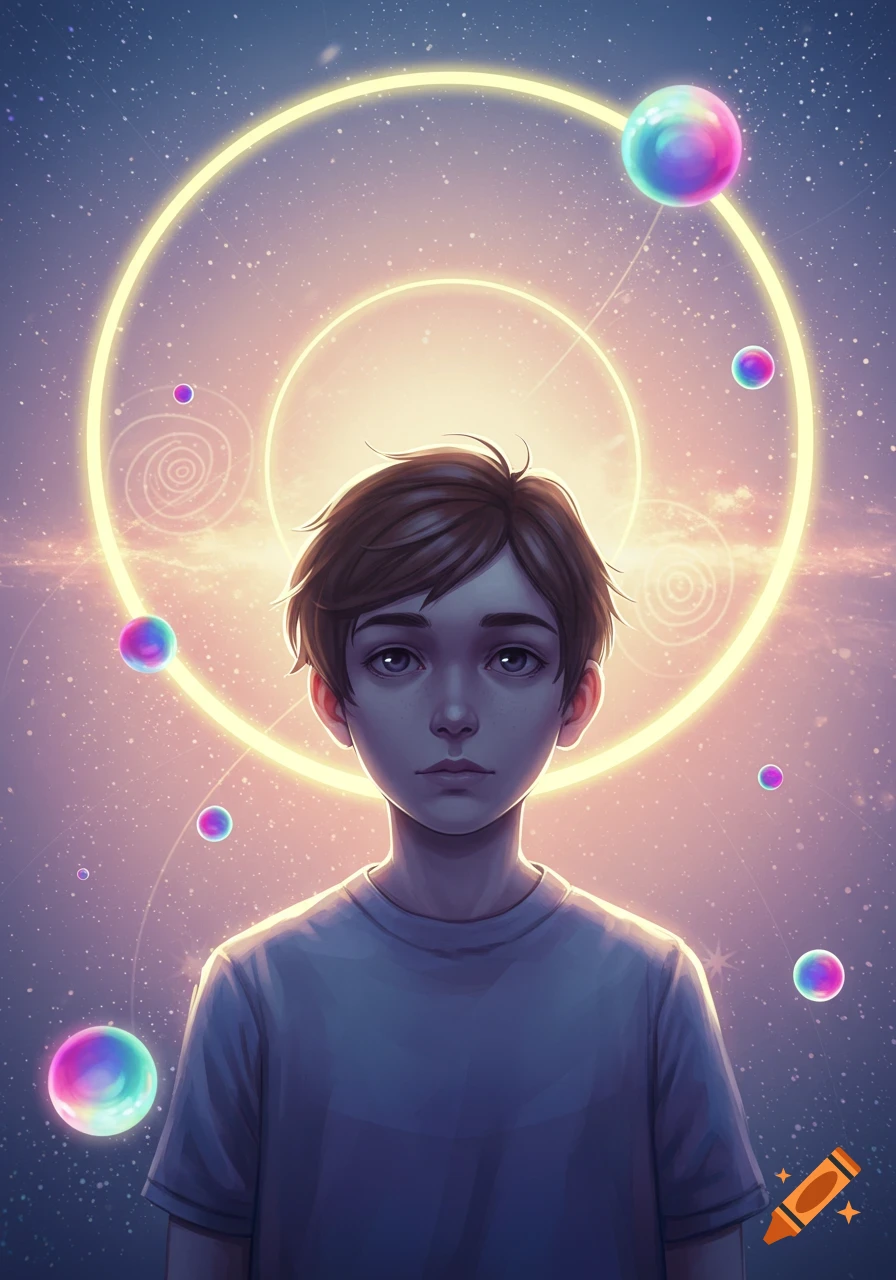 Stylized portrait of a young boy with glowing rings and colorful spheres against a starry cosmic background.