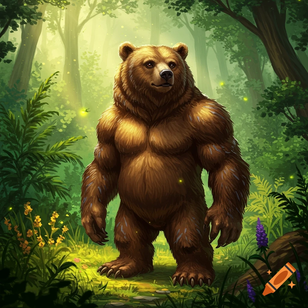 A muscular, brown werebear stands in a vibrant, sunlit fantasy forest with glowing specks.