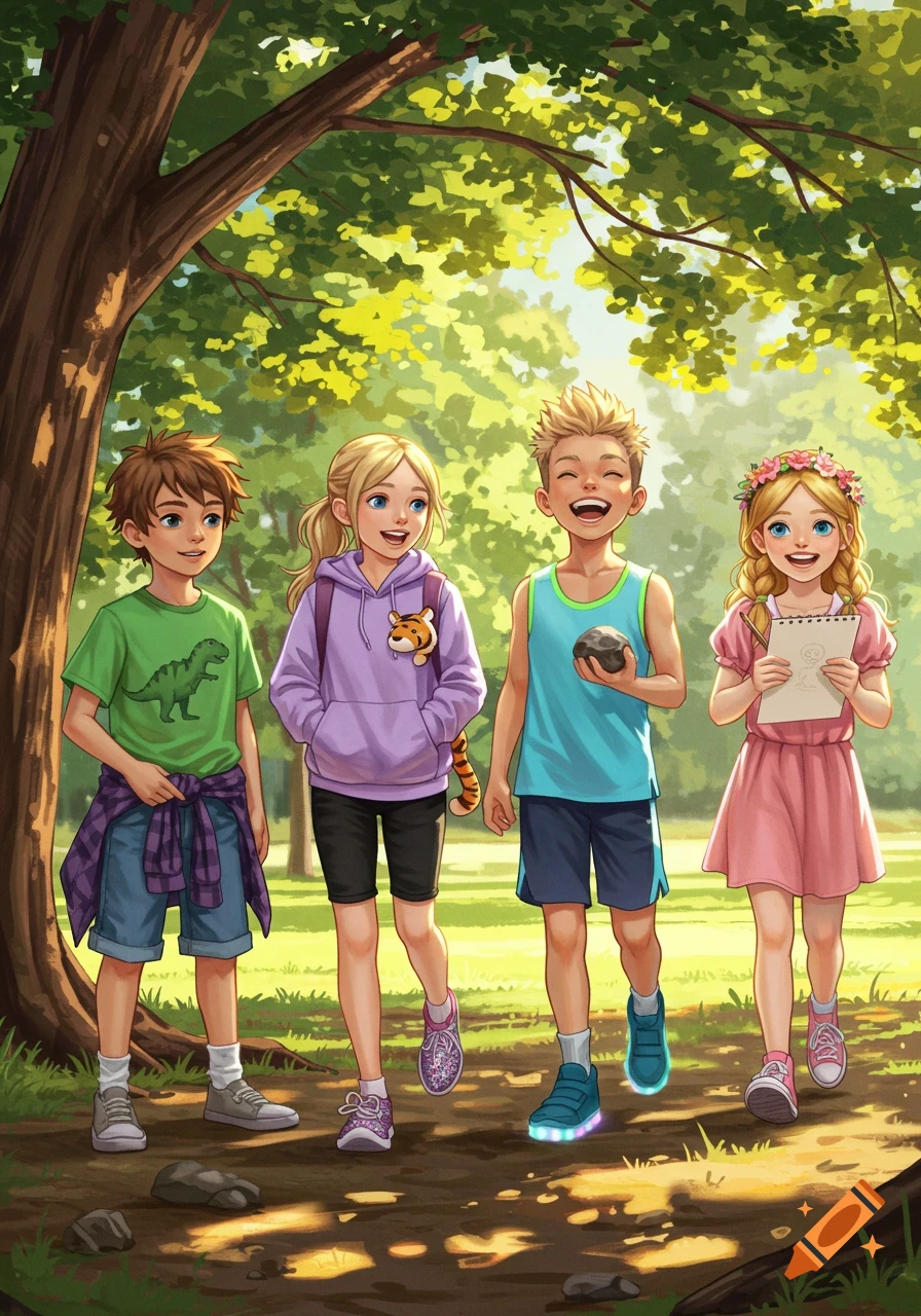 Four smiling children, two boys and two girls, walk through a sunny park under a large tree in a colorful illustration style.