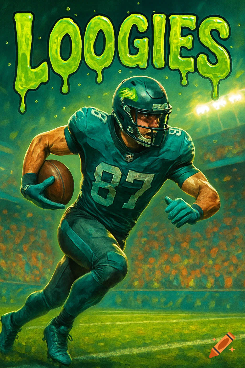 Stylized illustration of an American football player in a dark teal uniform with number 87, running with a football on a green field in a stadium at night. The word "LOOGIES" in dripping green letters is above.